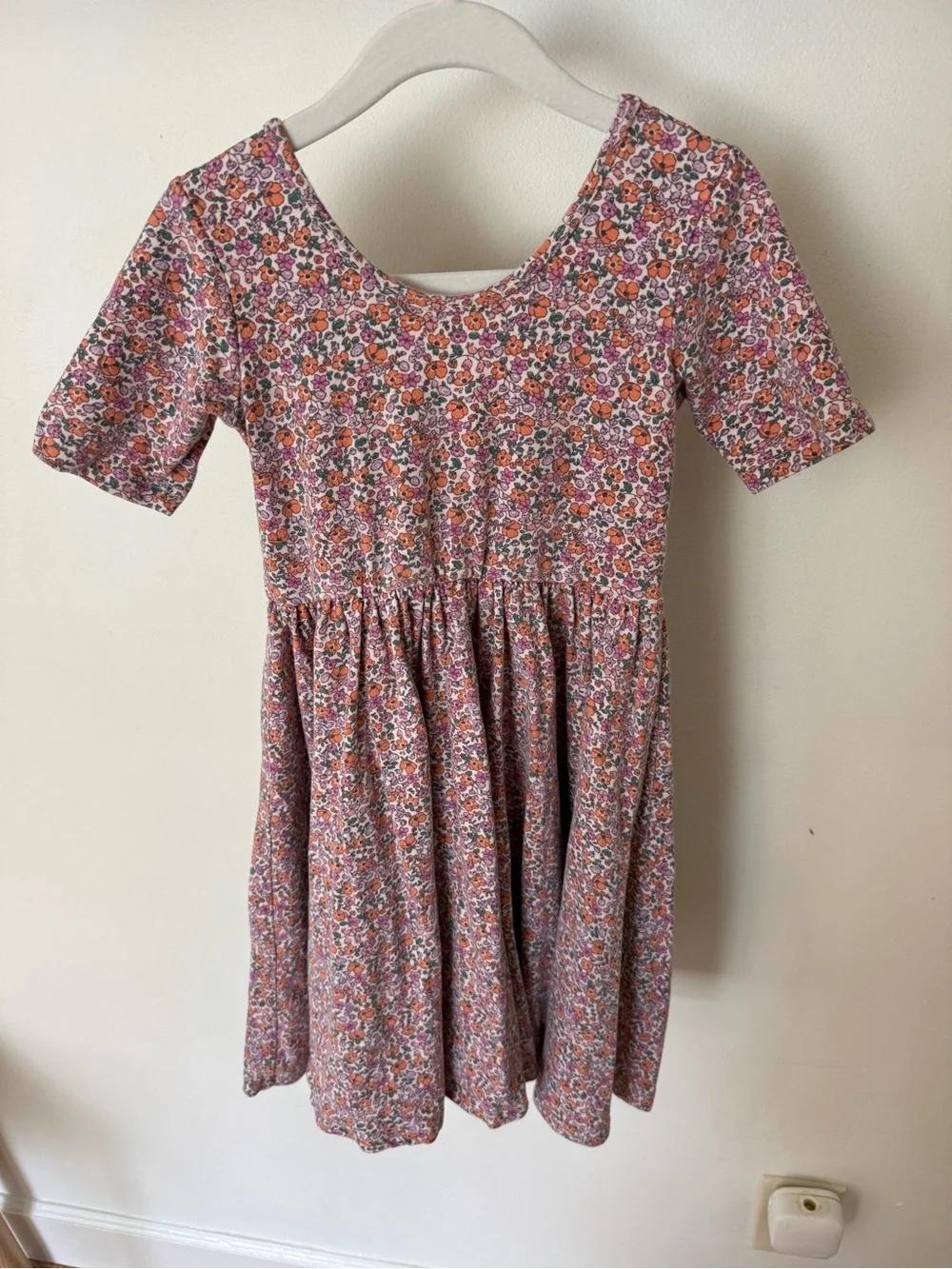 Girls Pink Floral Short-Sleeve Gathered Waist Dress